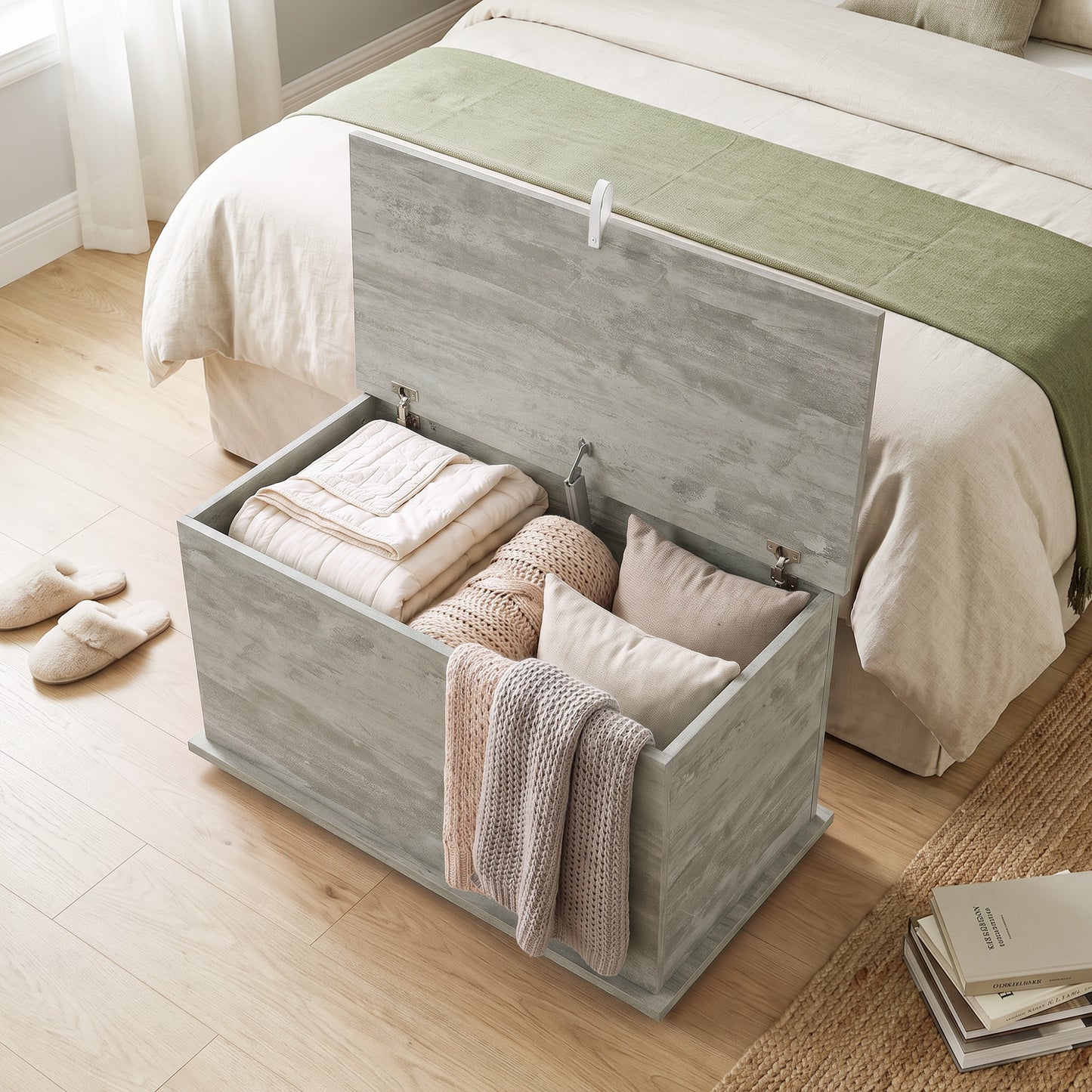 HOMCOM Storage Chest, 102L Blanket Box, Shoe Bench with Safety Hinged Lid, Bed End Bench for Bedroom, 80 x 40 x 45cm, Grey