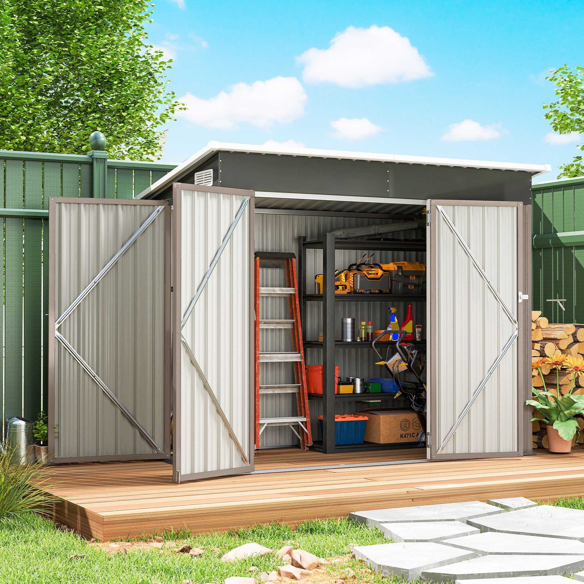 Outsunny 7.5 x 4.3ft Metal Garden Storage Shed, Waterproof Outdoor Shed with Triple Lockable Door, Gloves, Vents, Light Grey