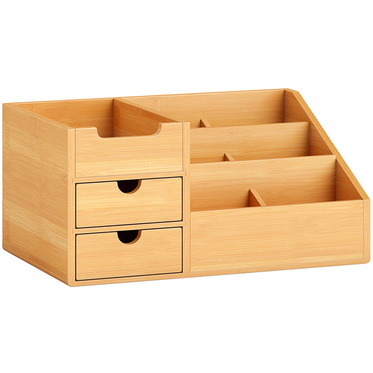 HOMCOM Desk Organiser Holder, Bamboo Multi-Function Storage Caddy with 7 Storage Compartments and 2 Drawers for Home Office Stationary Supplies, Natural Bamboo