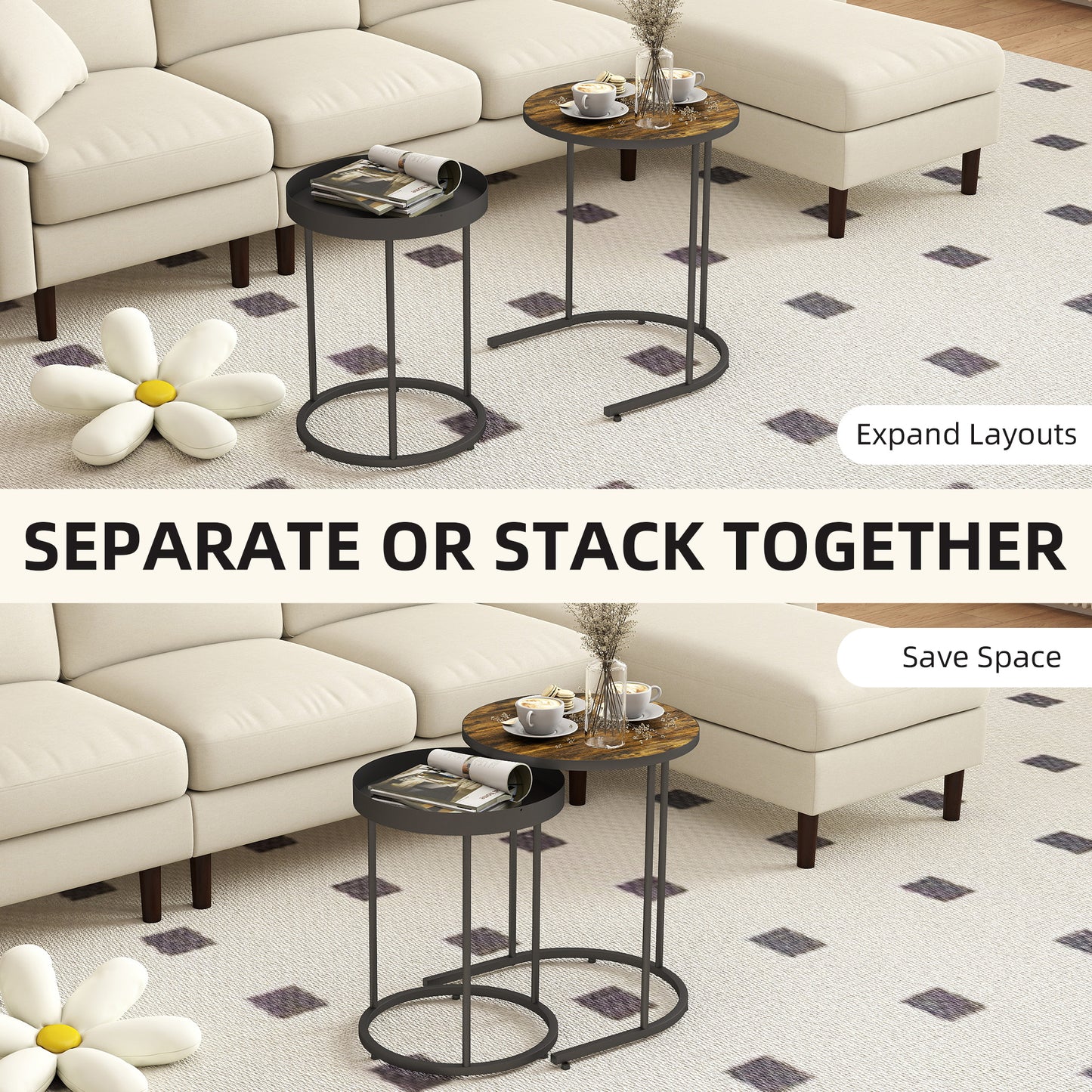 HOMCOM Round Nesting Side Table Set of 2 - Rustic Brown