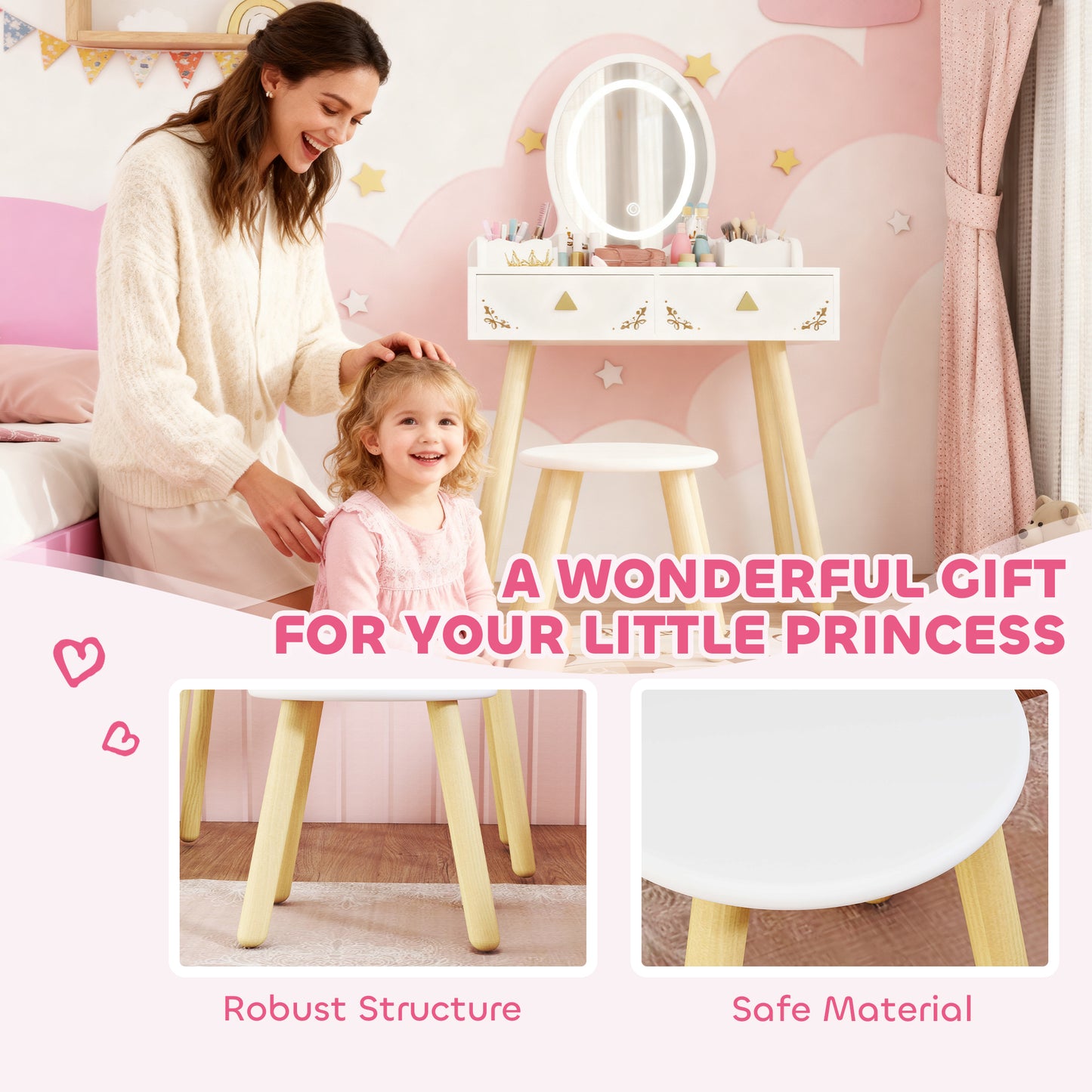 AIYAPLAY Kids Vanity Table and Chair Set with 3-Colour LED Lights Mirror, Drawer, Storage Boxes, for 3+ Years, White