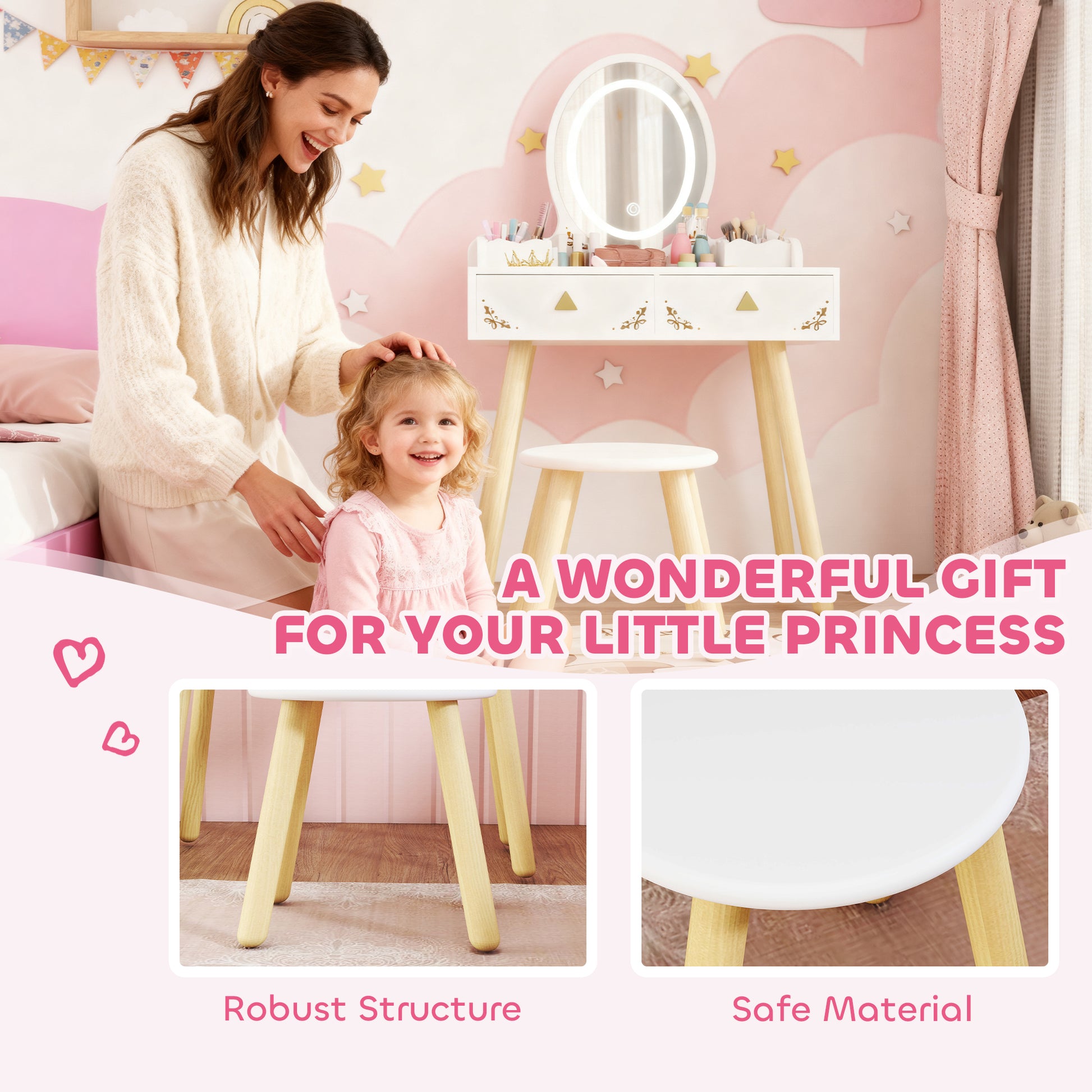 AIYAPLAY Kids Vanity Table and Chair Set with 3-Colour LED Lights Mirror, Drawer, Storage Boxes, for 3+ Years, White