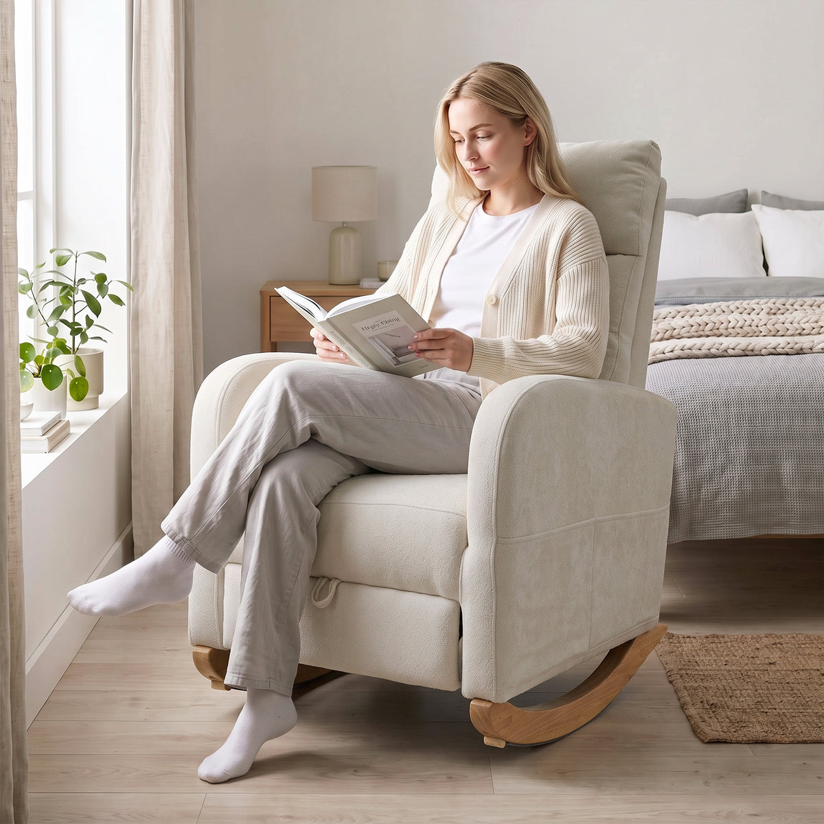 HOMCOM Upholstered Rocking Chair Retractable Footrest Rocker Chair High Back for Living Room Cream White