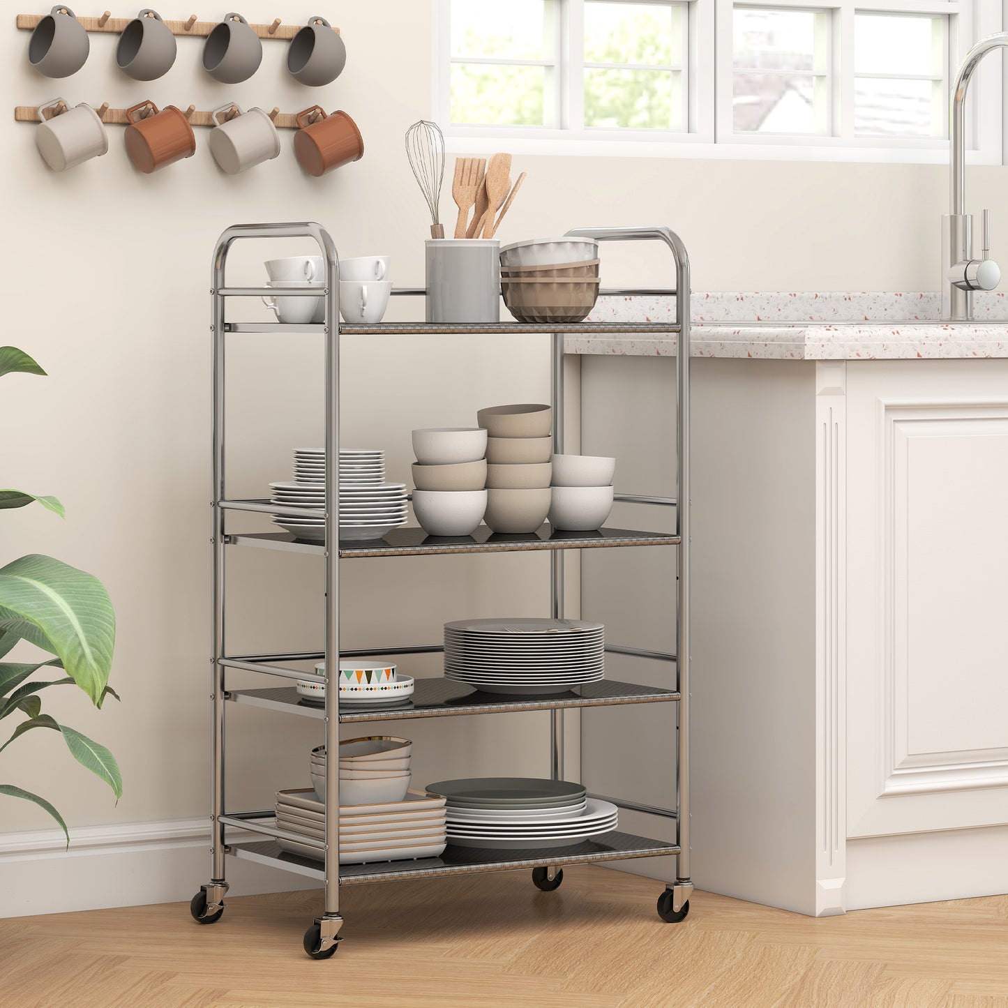 HOMCOM 4 Tier Stainless Steel Kitchen Storage Trolley with Adjustable Shelves - Silver