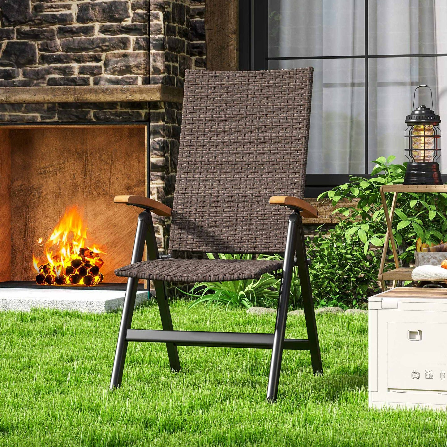 Outsunny Folding Rattan Garden Dining Chair with 5-level Reclining High Back, Wood Armrests for Outdoor, Patio - Brown