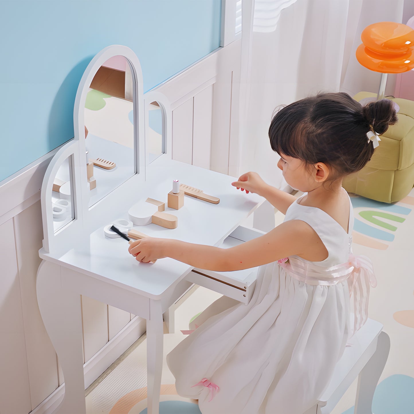 HOMCOM Kids Dressing Table Set, with Mirror and Drawer - White