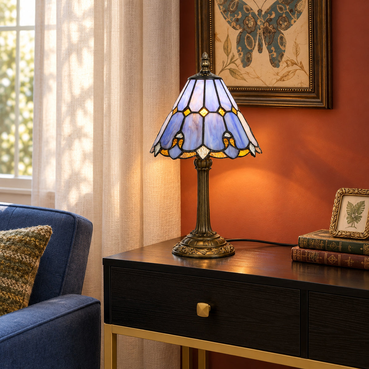 HOMCOM Tiffany-Style Table Lamp with Geometric Patterns, Handcrafted Antique Stained Glass Bedside Lamp, E27 Socket, Blue