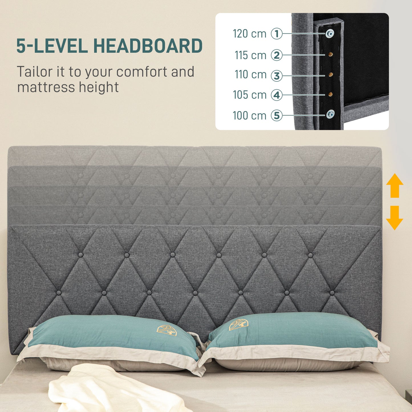 HOMCOM King Size Padded Fabric Headboard Bed Frame - Grey