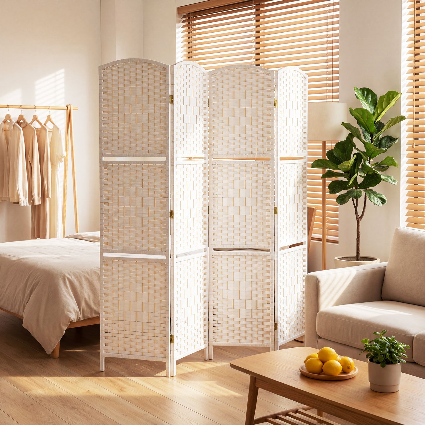 HOMCOM Freestanding Privacy Screen, 4 Panel Folding Room Divider for Living Room, Bedroom and Office, 160 x 170cm, White
