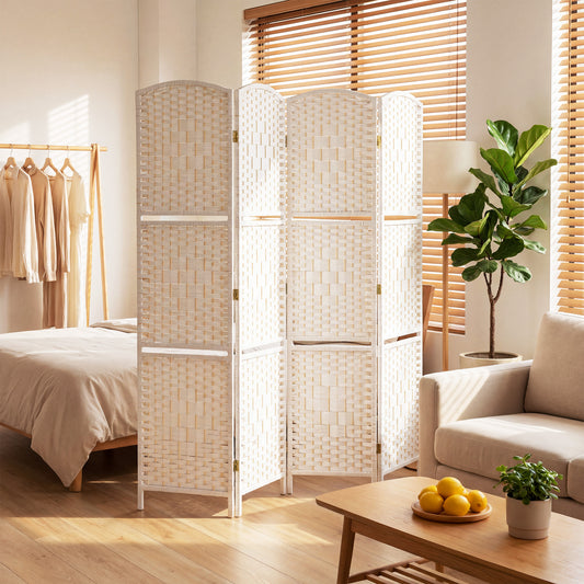 HOMCOM Freestanding Privacy Screen, 4 Panel Folding Room Divider for Living Room, Bedroom and Office, 160 x 170cm, White