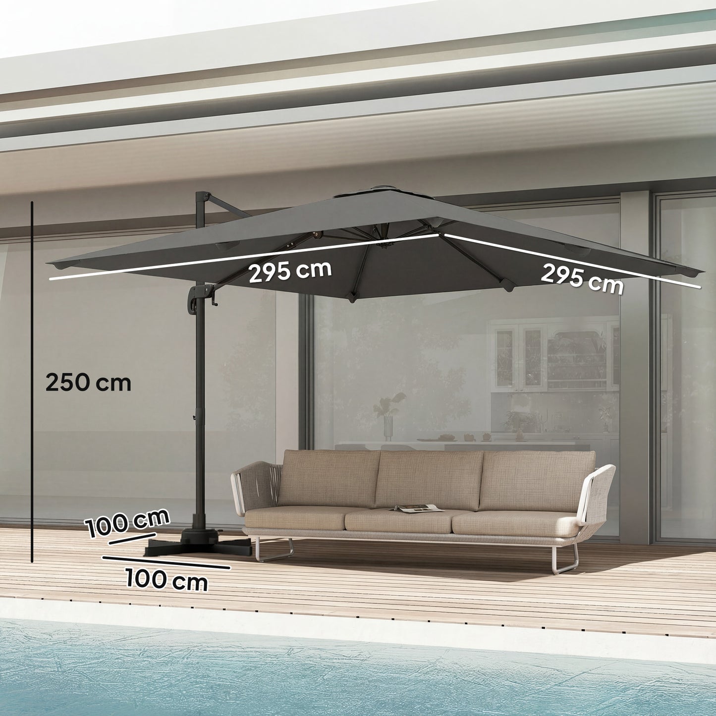 Outsunny 3 x 3 m Cantilever Parasol, Square Patio Umbrella with Crank Handle, Cross Base, Tilt, 360Â° Rotation, Dark Grey