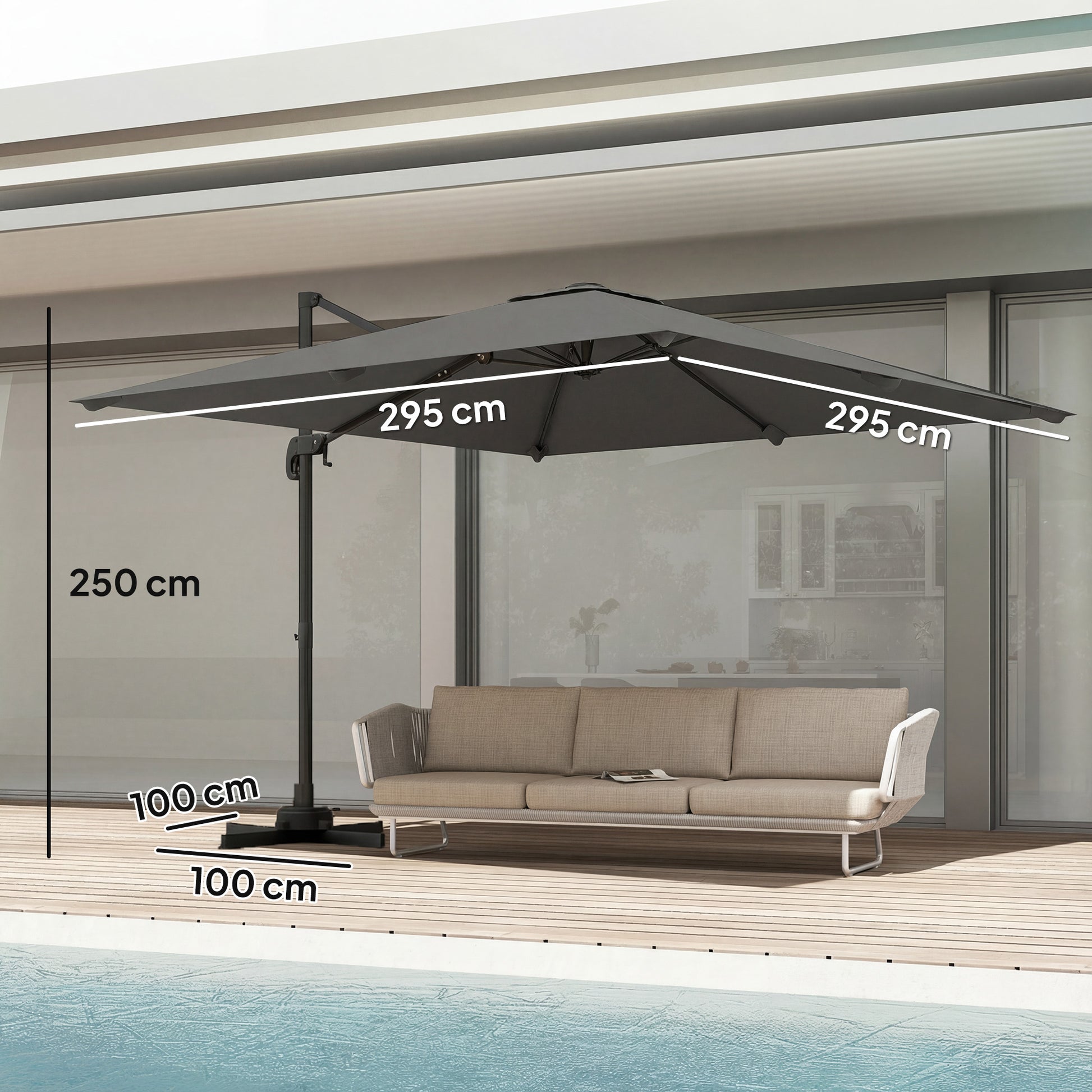 Outsunny 3 x 3 m Cantilever Parasol, Square Patio Umbrella with Crank Handle, Cross Base, Tilt, 360Â° Rotation, Dark Grey