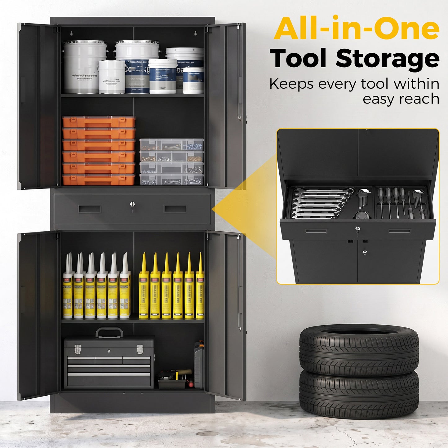 HOMCOM Metal Storage Cabinet, 180cm Tall Tool Cabinet with Locking Doors, Drawer and Adjustable Shelves, Black
