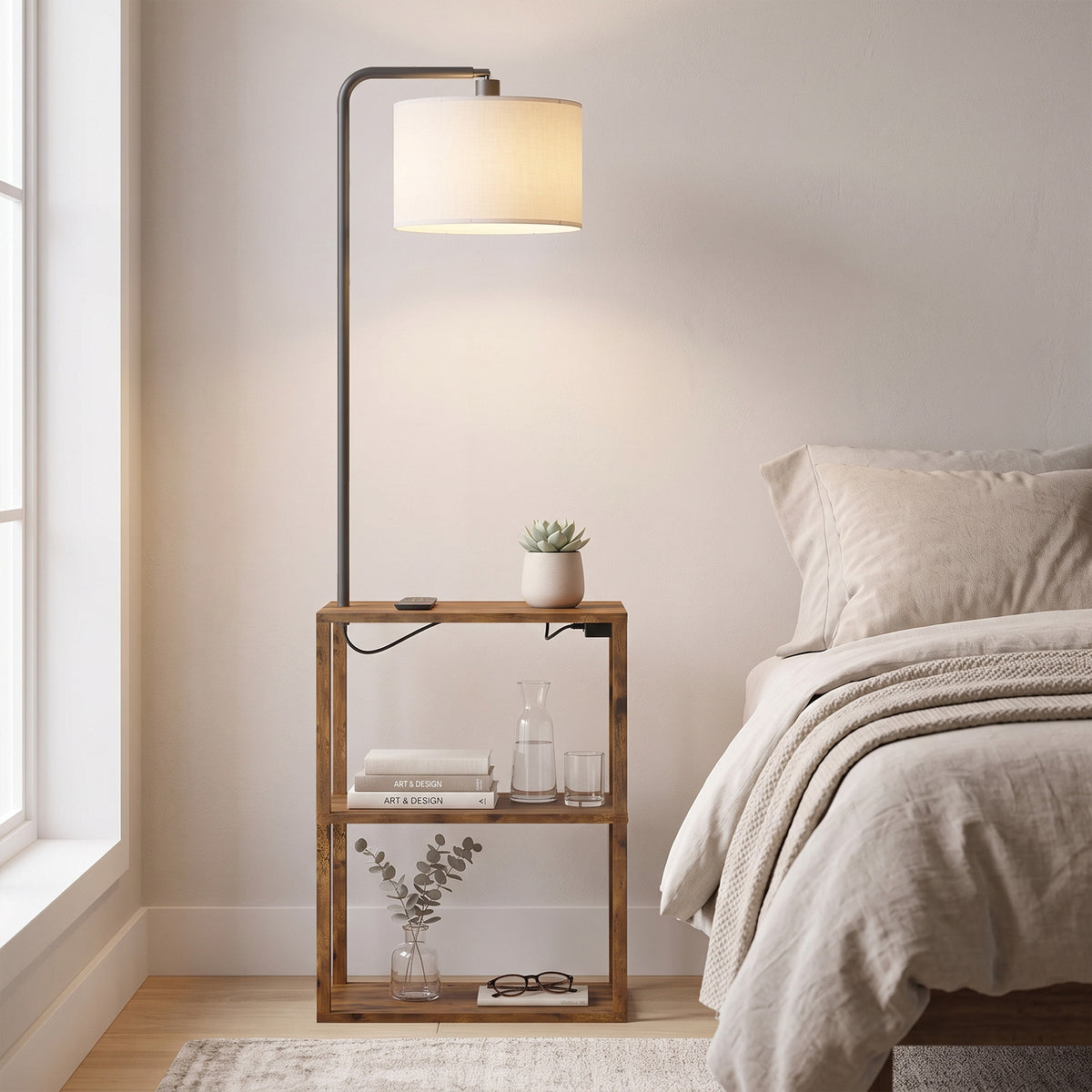 HOMCOM Dimmable Floor Lamp with Shelves, Charging Station, 3-Tier Storage Table, Adjustable Fabric Lampshade, Rustic Brown