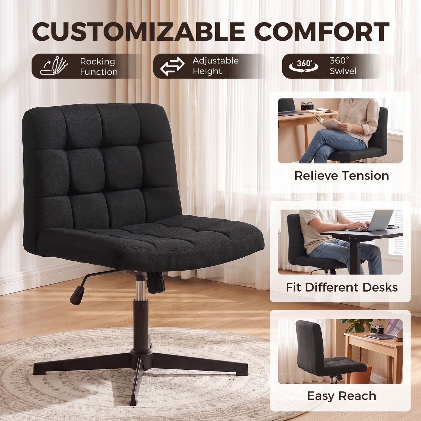HOMCOM Armless Office Chair, Cross Legged Linen Computer Desk Vanity Chair with Wide Seat, Rocking Function, Black
