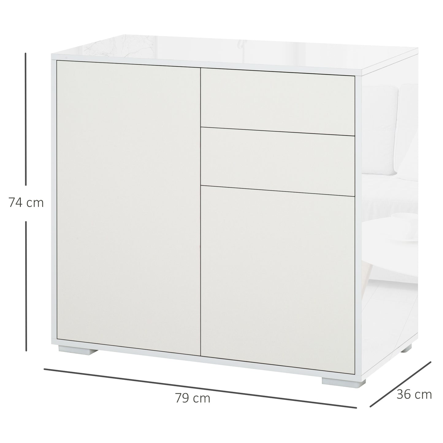 HOMCOM High Gloss Frame Sideboard, Push-Open Design with 2 Drawer for Living Room, Bedroom, 74H x 79W x 36Dcm, White