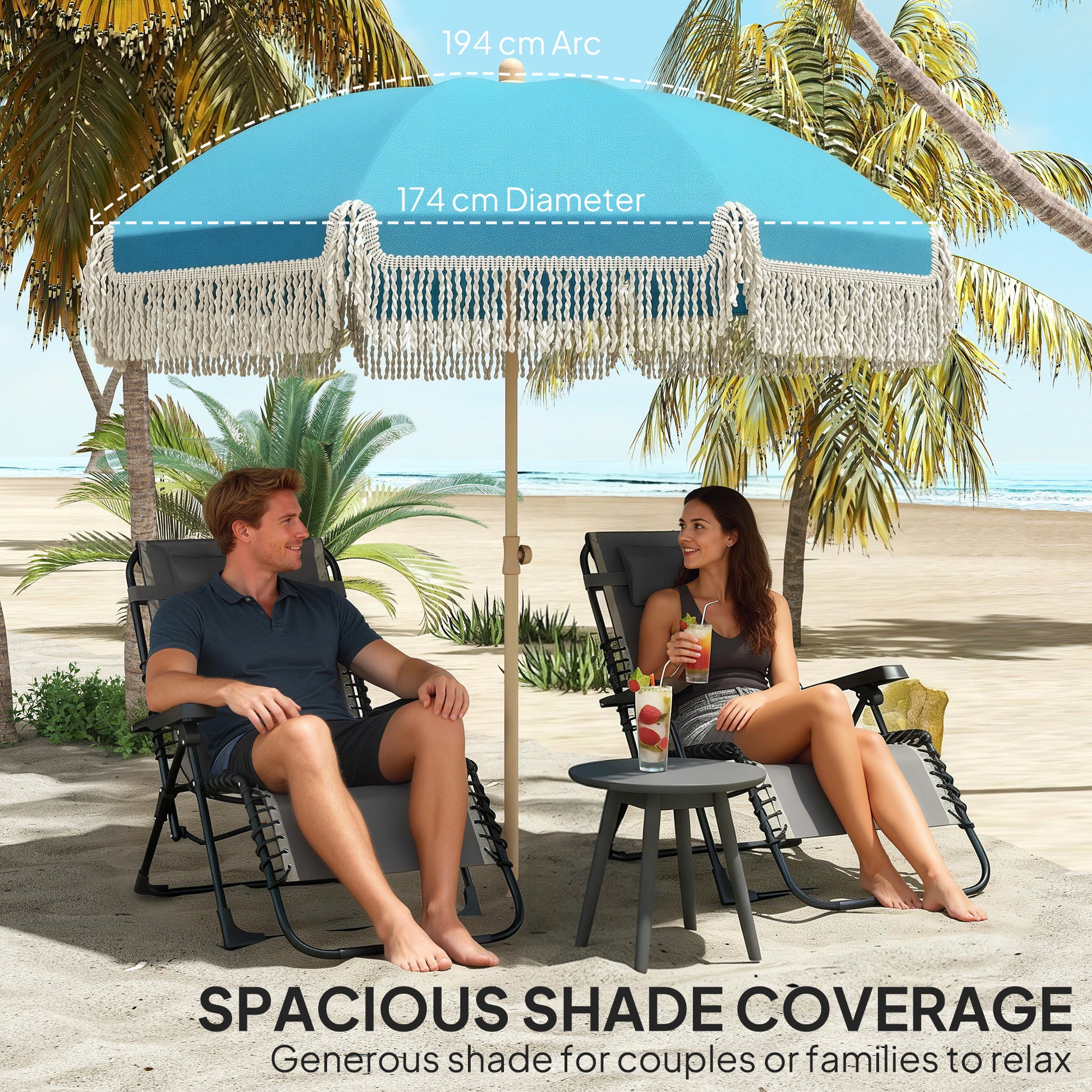 Outsunny 1.7 m Beach Umbrella with Sand Anchor, 30Â° Tilting Fringed Beach Garden Parasol with Adjustable Height, Grey