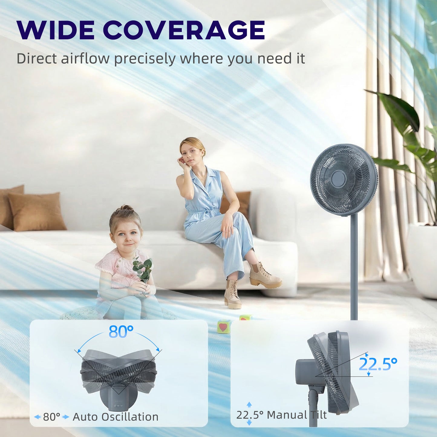 HOMCOM 40 cm Standing Fan, Cooling Floor Fan with 80Â° Oscillating, Adjustable Tilt and Height, 4 Speed, Remote Control, Grey