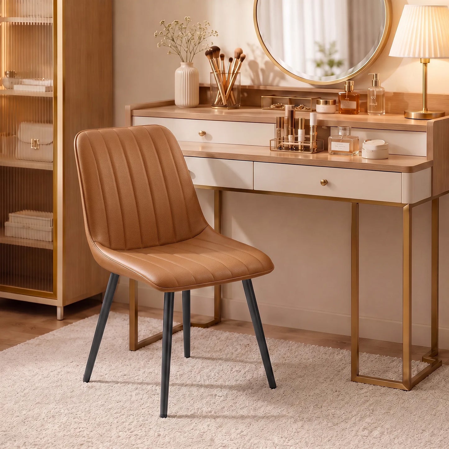 HOMCOM Faux Leather Upholstered Kitchen Chairs, Modern Dining Chairs Set of 2 with Metal Legs for Dining Room, Brown