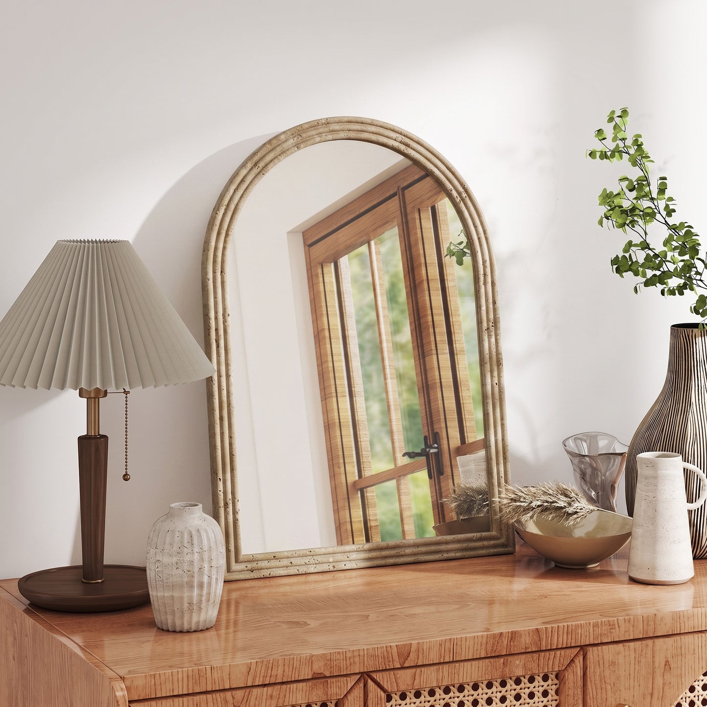 HOMCOM Modern Wall-Mounted Mirror, Arched Wall Mirror with Grooved Edge for Living Room, Entryway, Hallway, Brown