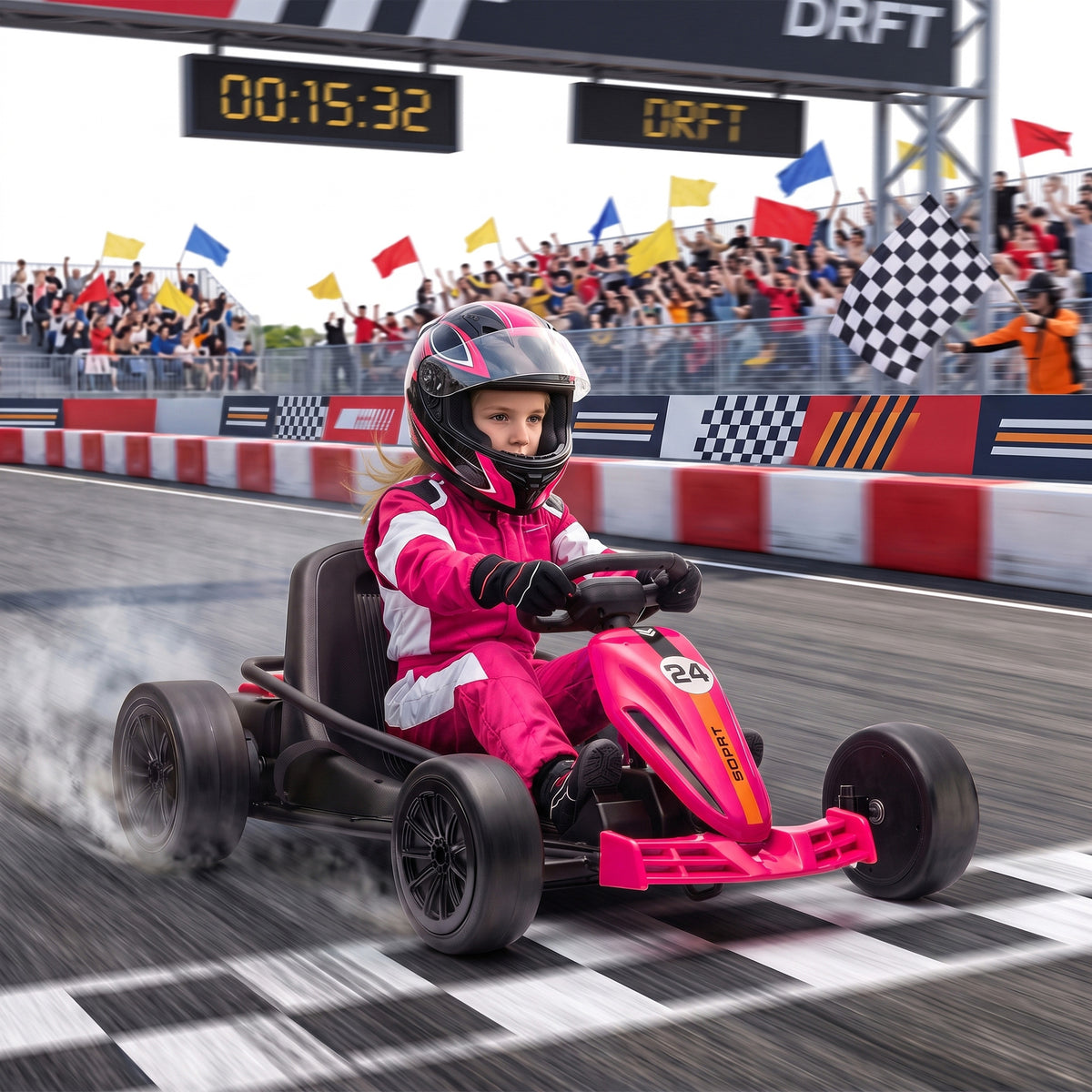 AIYAPLAY 24V Electric Go Kart for Kids, Ride On Racing Go Kart with Dual 150W Motors, 12KM/H Max Speed for Ages 6-14, Pink