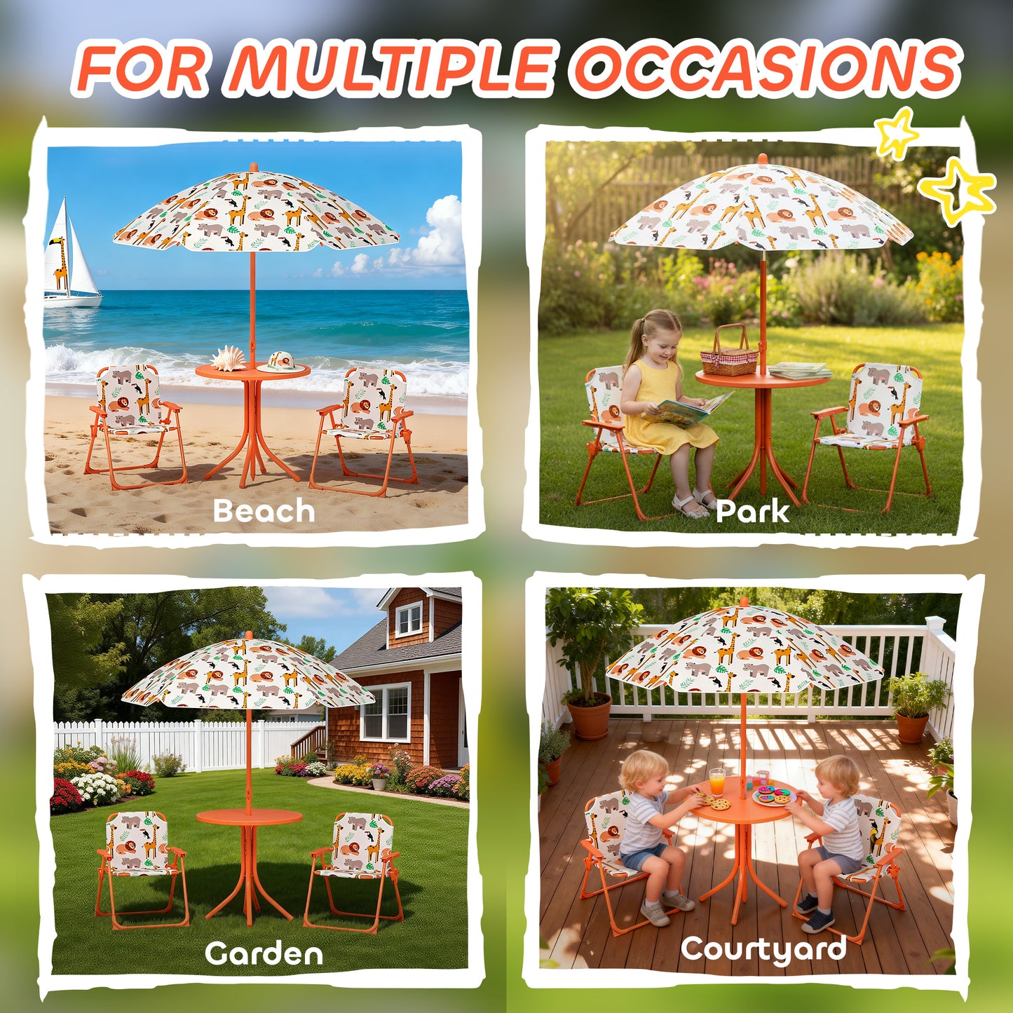 AIYAPLAY Kids Patio Set, Children Table and Chair Set, Outdoor Picnic Table with 2 Folding Chairs and Umbrella, Orange