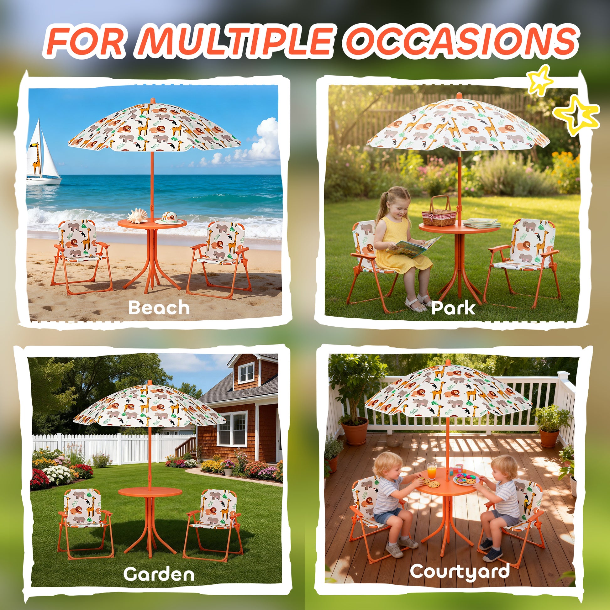 AIYAPLAY Kids Patio Set, Children Table and Chair Set, Outdoor Picnic Table with 2 Folding Chairs and Umbrella, Orange