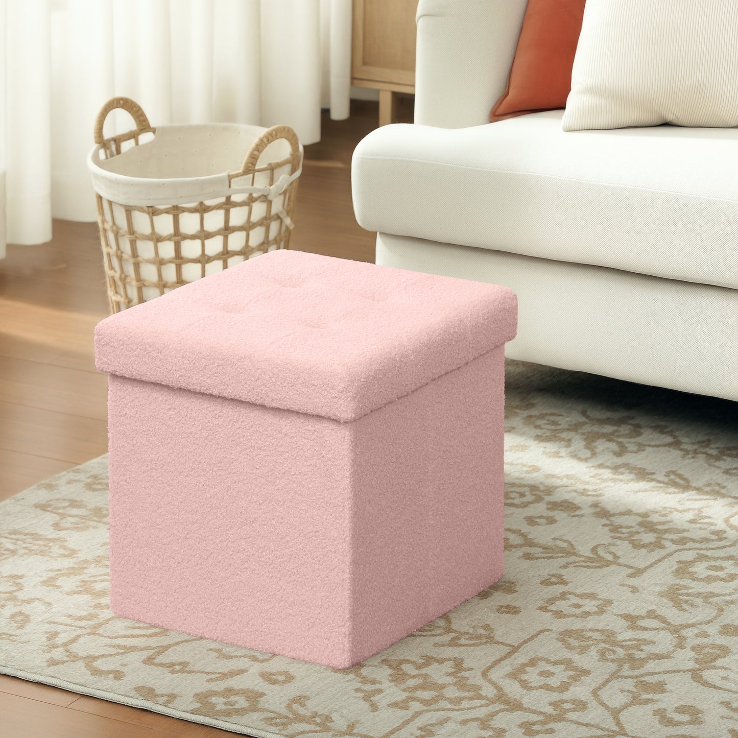 HOMCOM Foldable Sherpa Fleece Storage Ottoman - Pink