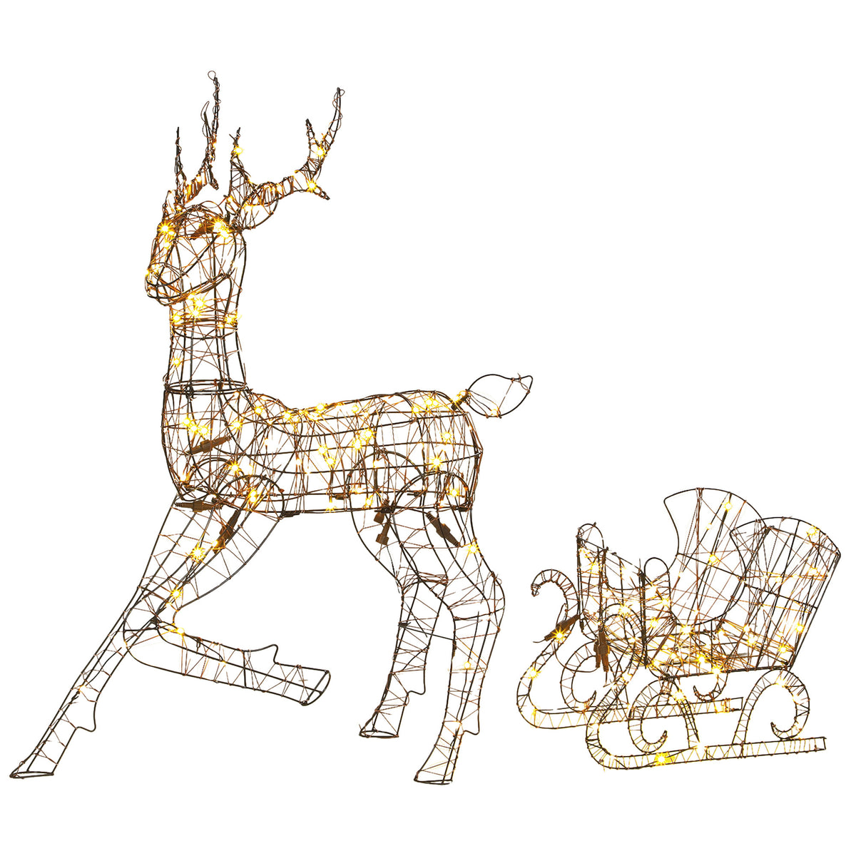 Outsunny Lighted Reindeer and Sleigh Set, 2-Piece PP Rattan Outdoor Christmas Decoration with LEDs, 8 Modes, Daily Timer Default Title