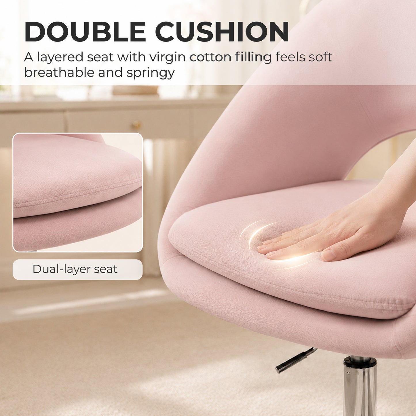 HOMCOM Velvet Desk Chair, Modern Office Chair with Height-Adjustable, Wheels, for Home Study Bedroom, Pink