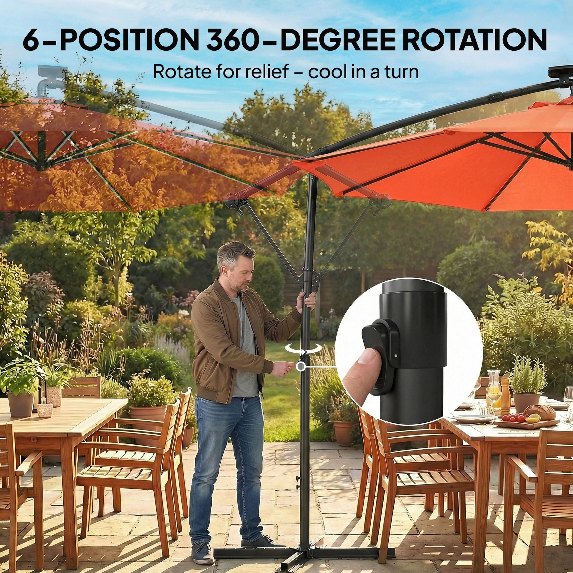 Outsunny 3 m Garden Cantilever Parasol with LED Solar Light, Round Overhanging Umbrella with 360Â° Rotation, Cover, Orange