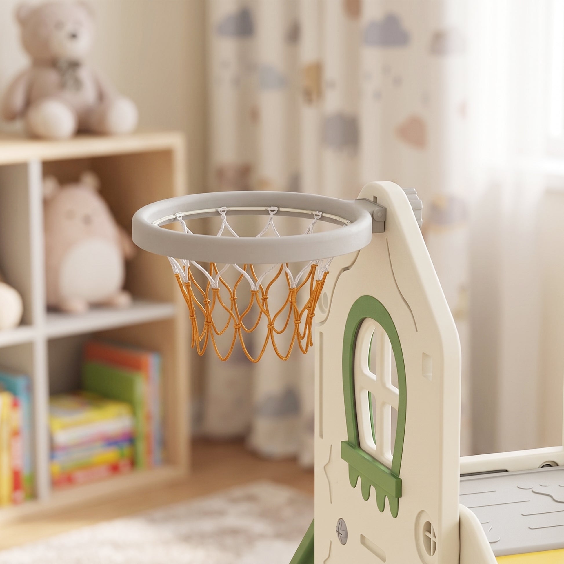 AIYAPLAY Foldable 4 in 1 Toddler Slide with Climber, Basketball Hoop, Storage Space and Basketball for Ages 1-3 Years, Cream