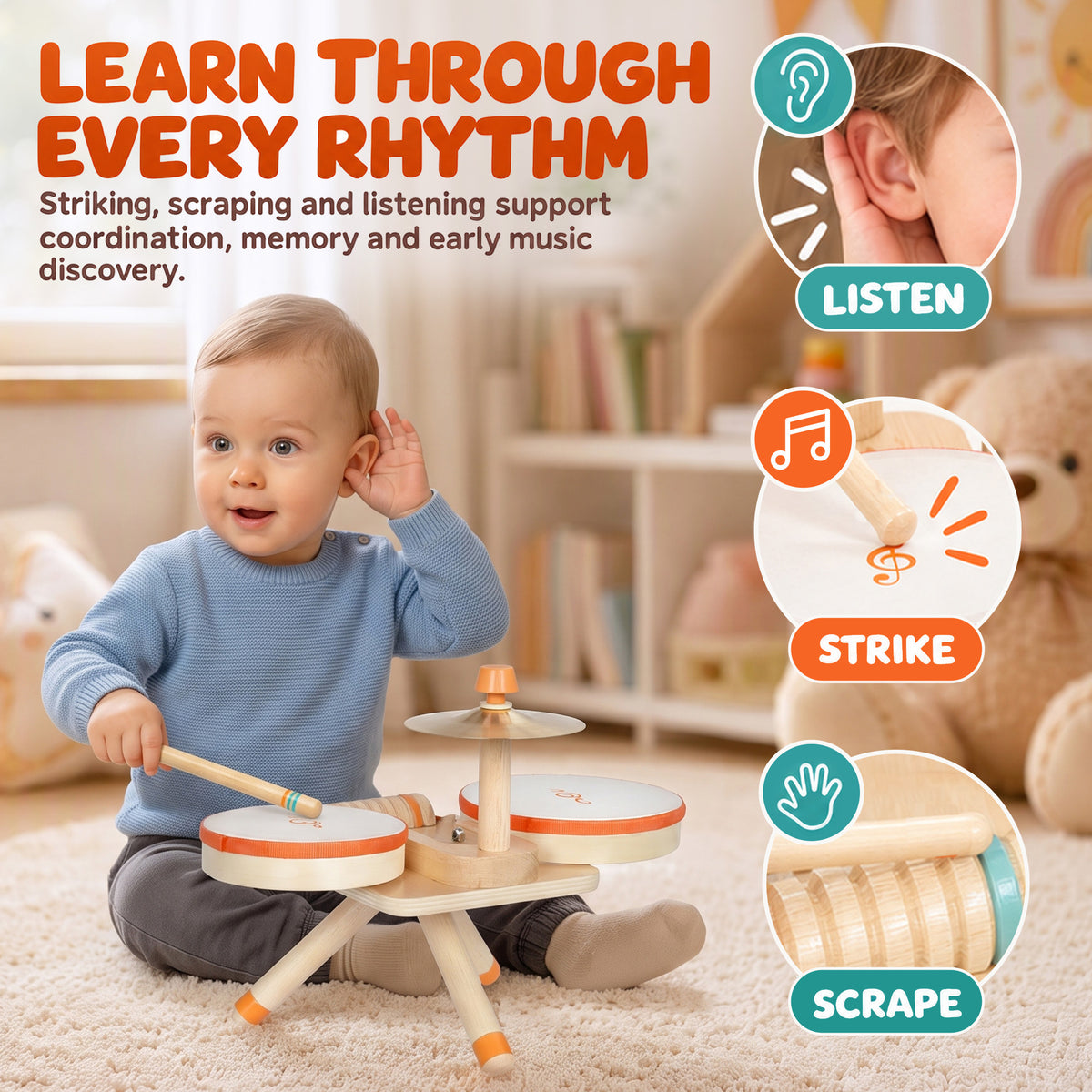AIYAPLAY Kids Drum Kit, Wooden Musical Instruments with 2 Drums, Cymbal, Scraper, 2 Mallets for Toddlers, Music Learning, Natural