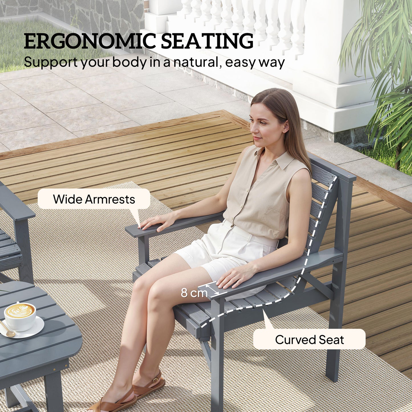 Outsunny 4 Piece Wooden Garden Furniture Set, Outdoor Garden Sofa Set with 2 Armchairs, Loveseat and Coffee Table, Grey