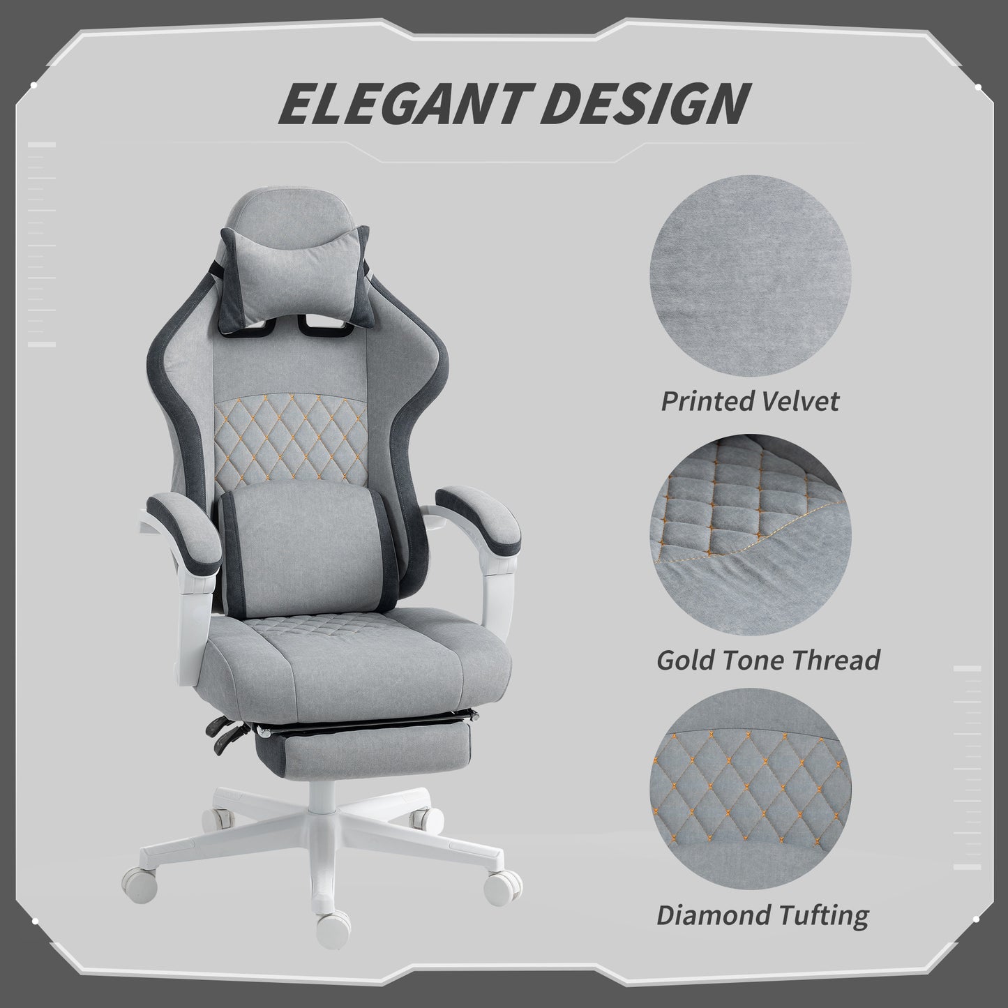 HOMCOM Ergonomic High Back Gaming Chair for Adults, Printed Velvet Computer Recliner Chair with Footrest, Lumbar Support, Adjustable Height and 360Â° Swivel Seat for Office or Gaming, Grey