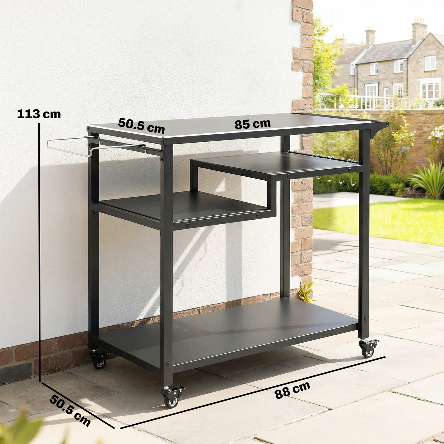 Outsunny Outdoor Grill Cart, Three-Tier Pizza Oven Stand with Steel Tabletop, Hooks, Rubbish Bag Holder, Wheels, Black