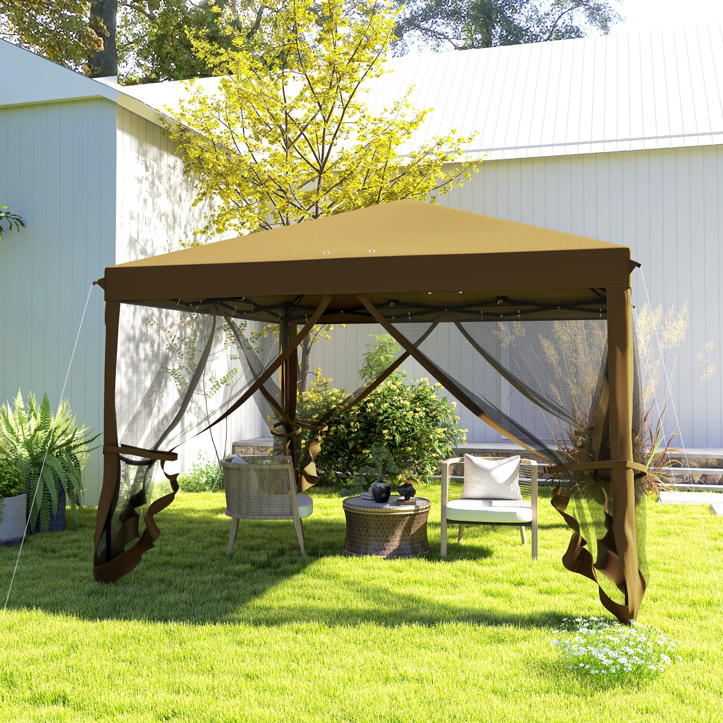 Outsunny 3 x 3Â m Pop Up Gazebo, 420D Garden Tent Canopy with Removable Mesh Sidewall Netting, Carry Bag for Garden Patio Outdoor, Khaki