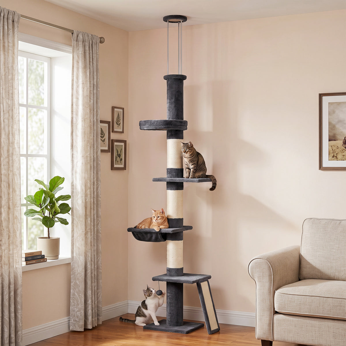 PawHut Floor to Ceiling Cat Tree, 230-260 cm Adjustable 5-Level Cat Tower with 3 Top Tension Rods, Bed, Hammock, Dark Grey