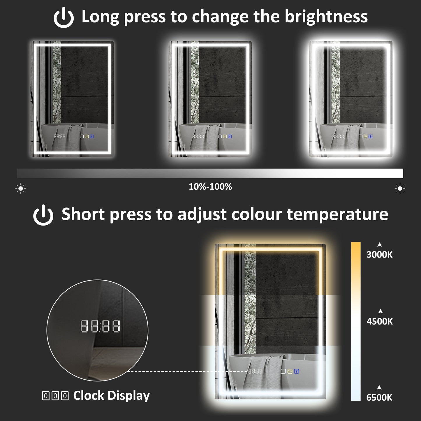 HOMCOM 50 x 70 cm Anti-Fog LED Bathroom Mirror, with Bluetooth and Clock - Silver Tone