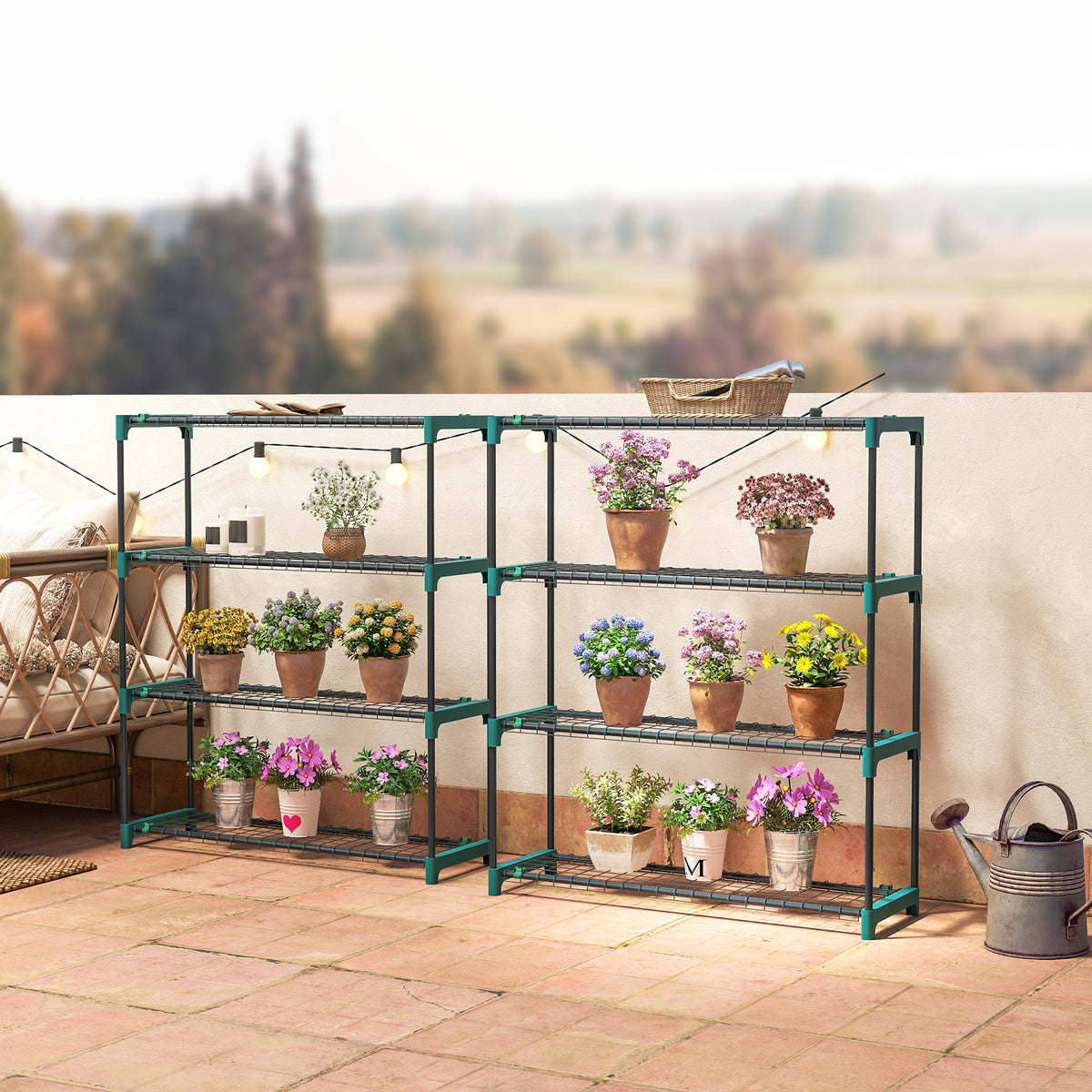 Outsunny 4-Tier Plant Stand Indoor Outdoor, Set of 2 Metal Plant Shelf with Rack Buckles for Easy Assembly, Flower Display Rack
