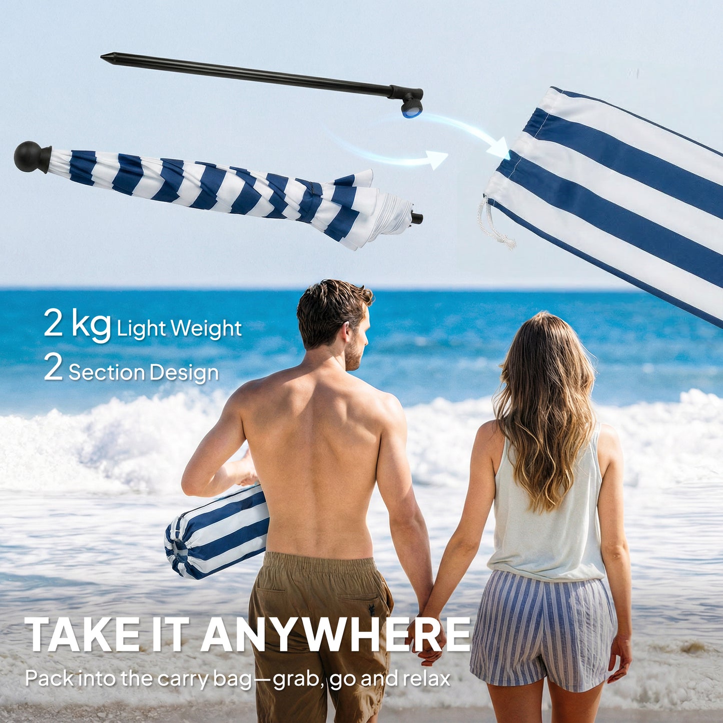 Outsunny 1.8 m Beach Umbrella Parasol with Sand Anchor, Portable 30Â° Tilting Patio Sun Shade with Adjustable Height, Blue/White