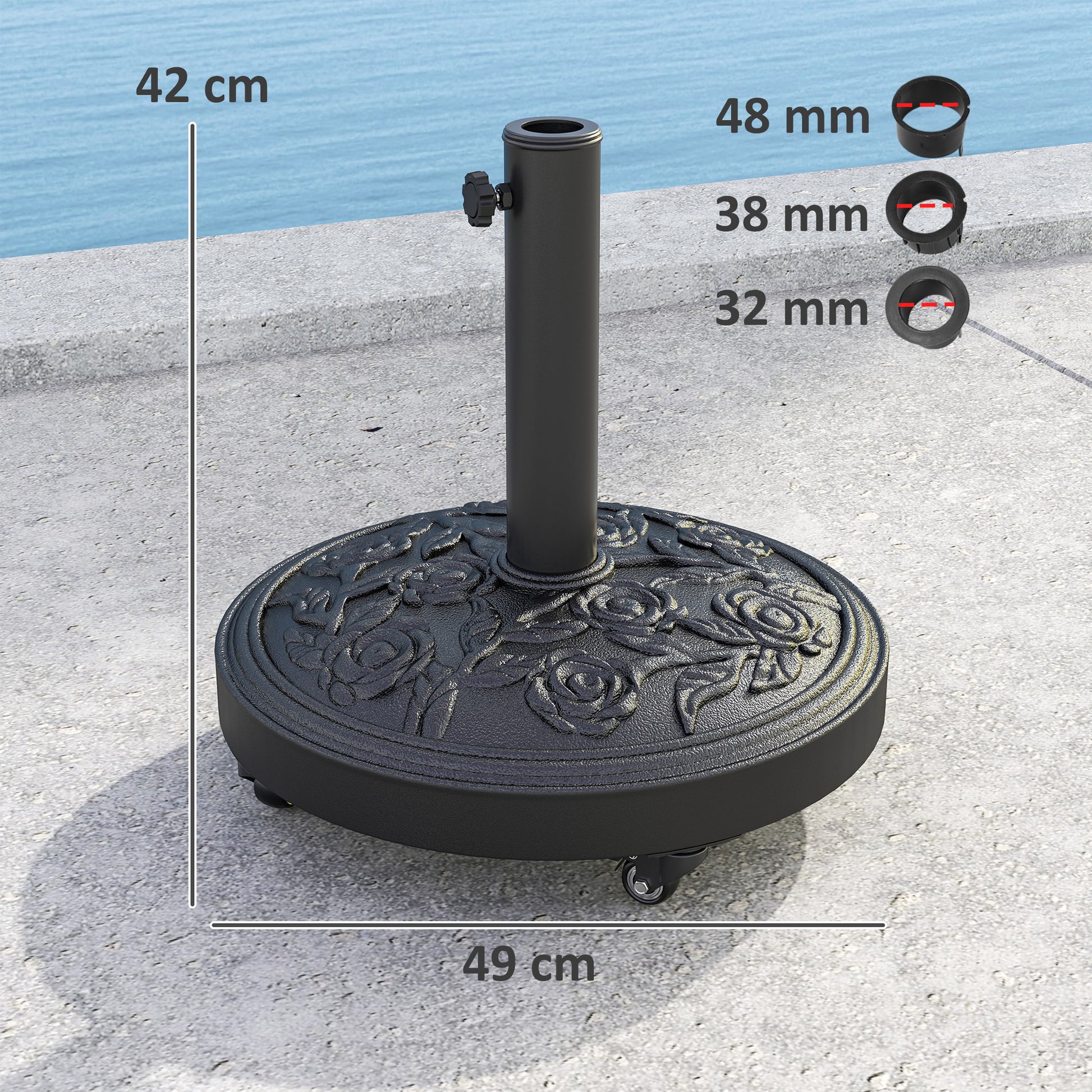 Outsunny Parasol Base, Umbrella Base with Wheels Cast Iron Effect, for Umbrella, Canopy, Weather Resistant, Black