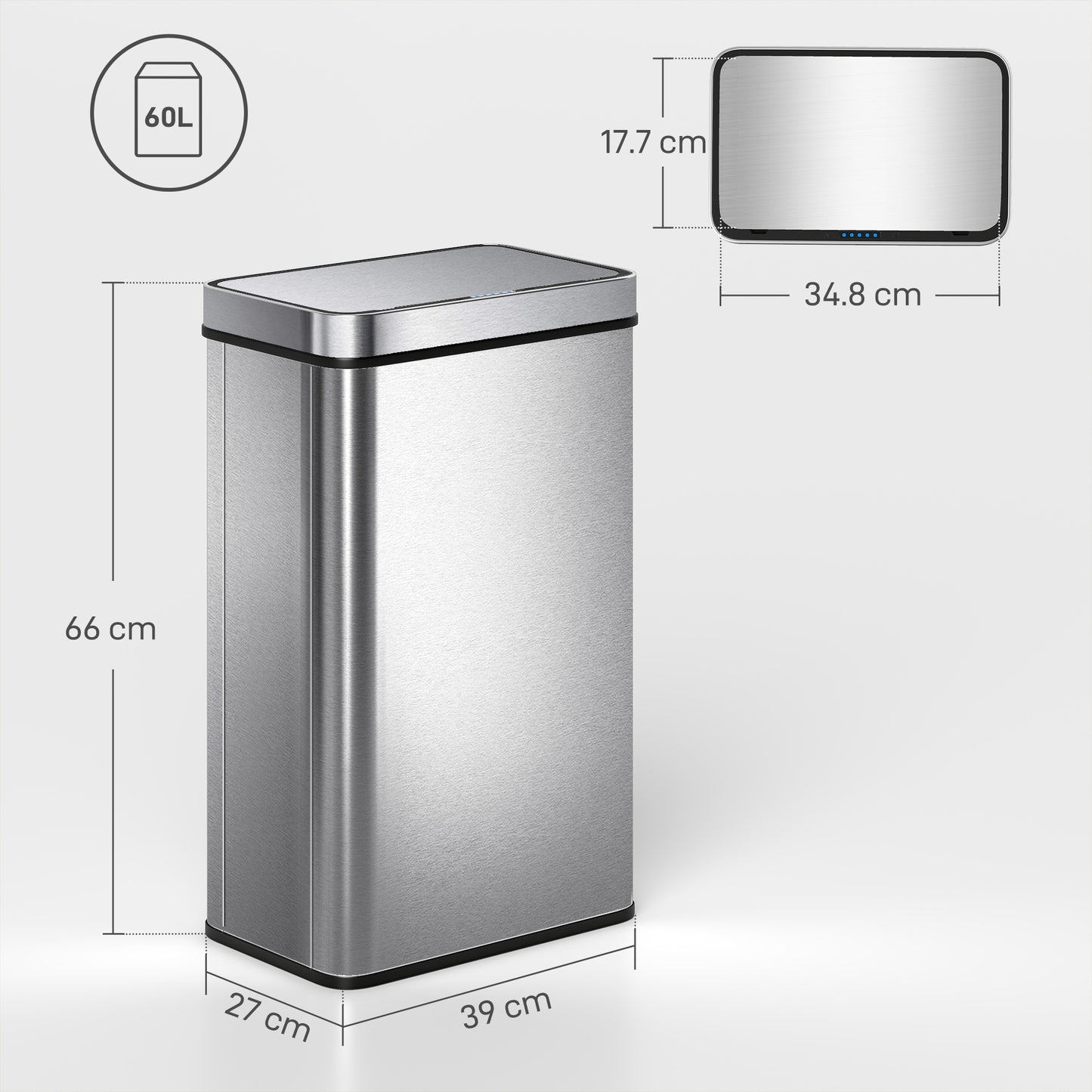 HOMCOM 60 L Sensor Can, Sensor Bin with Soft-Close Lid, Fingerprint-Proof Stainless Steel, Silver Tone