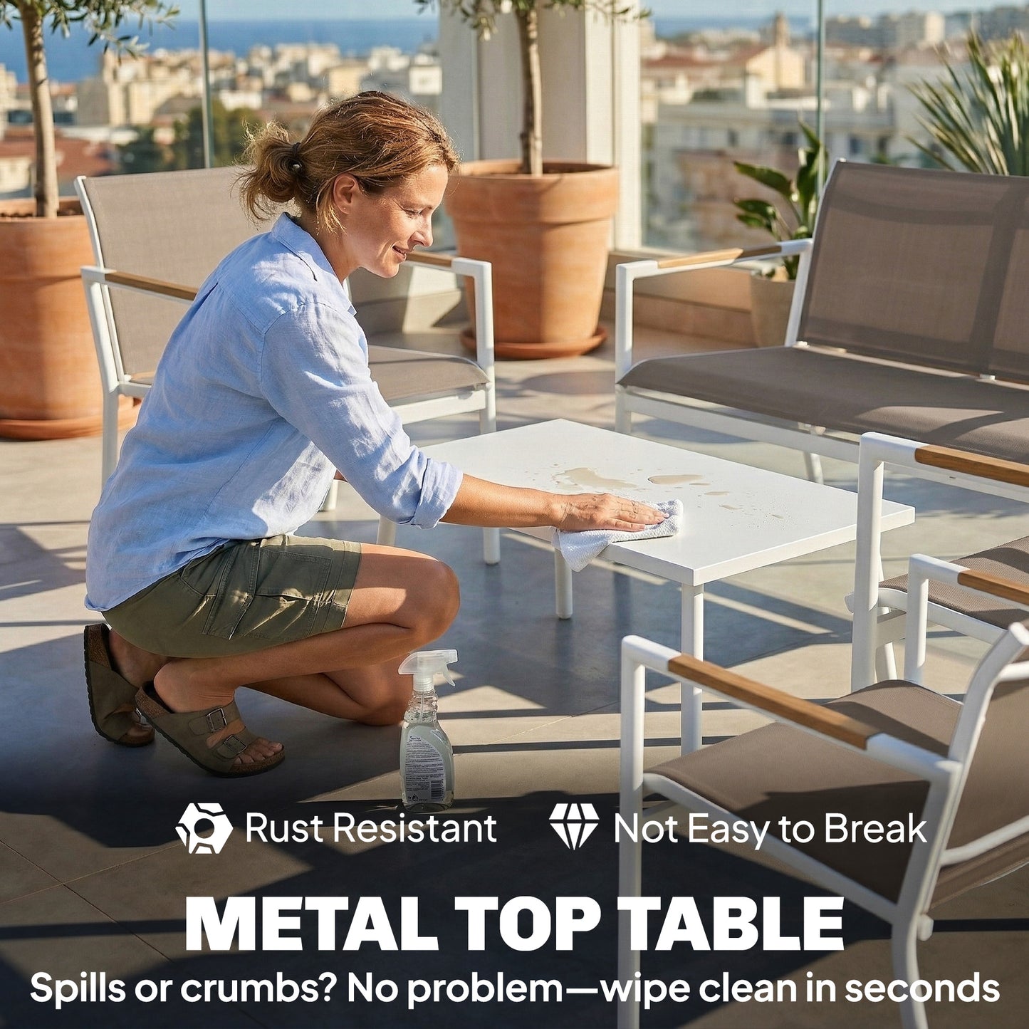 Outsunny 4 Seater Garden Furniture Set with Loveseat, Armchairs, Table, Metal Garden Sofa Set with Breathable Seats, Khaki