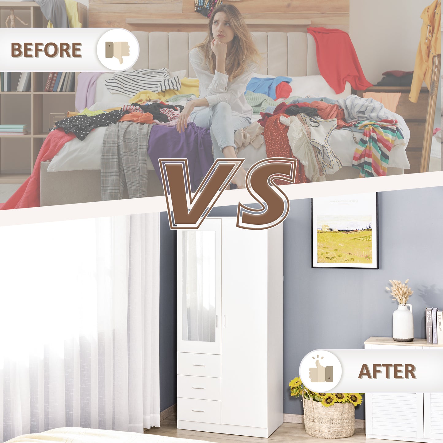 HOMCOM 2 Door 3 Drawer Mirrored Wardrobe with Hanging Rail, Modern Clothes Storage Cupboard with Mirror, Drawers and Adjustable Shelves for Bedroom, 80 x 50 x 180 cm, White