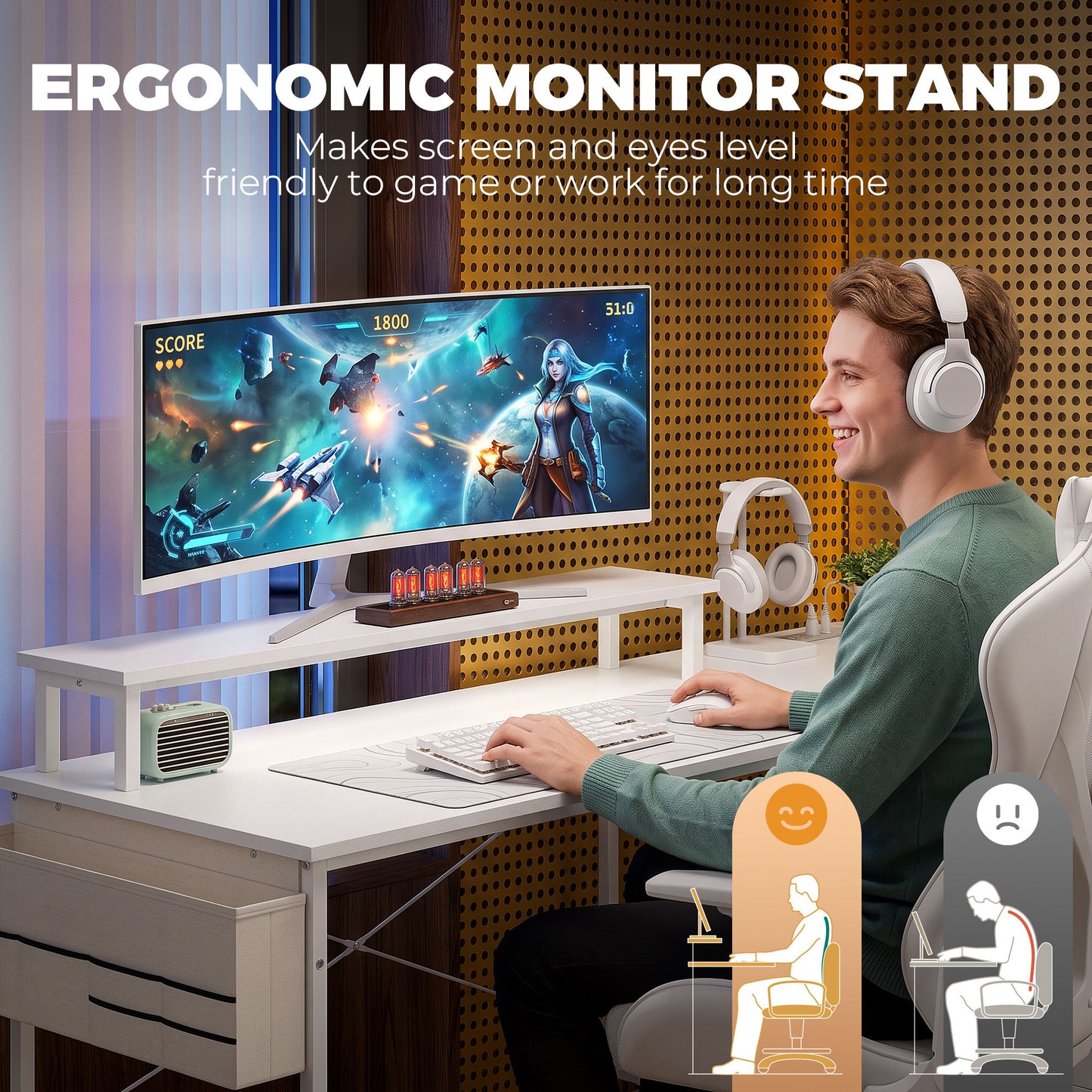 HOMCOM L Shaped Gaming Desk Reversible Power Outlets Corner Desk Storage Drawers Monitor Shelf 150 cm White