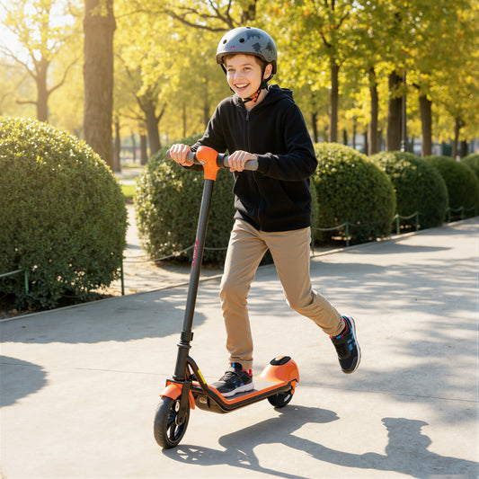 <ul style="list-style:disc;margin-left:15px;"><li>Kick-to-start motor: This kids e-scooter requires a push to 5 km/h before the motor activates for a steady