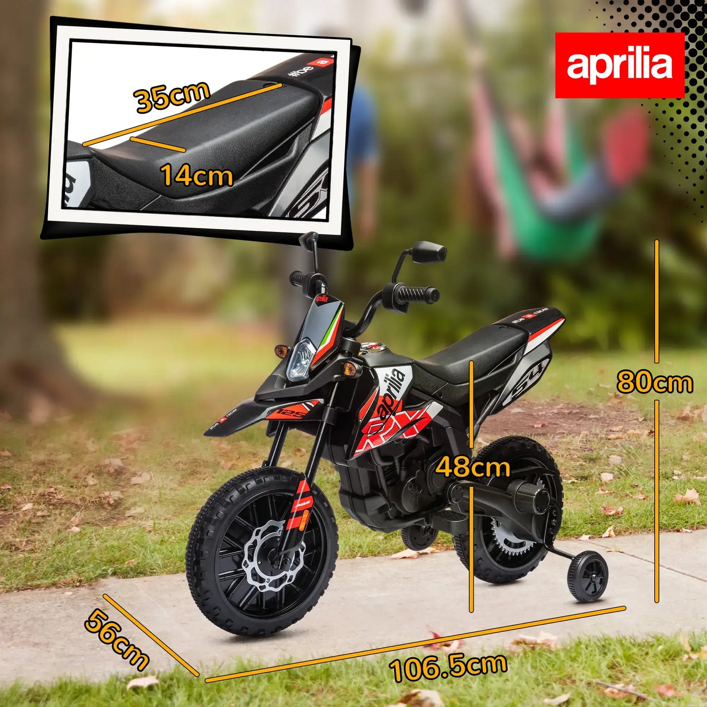 12V Aprilia Licensed Kids Motorbike with Training Wheels, Spring Suspension, LED Headlight, USB, Music, Red/Black
