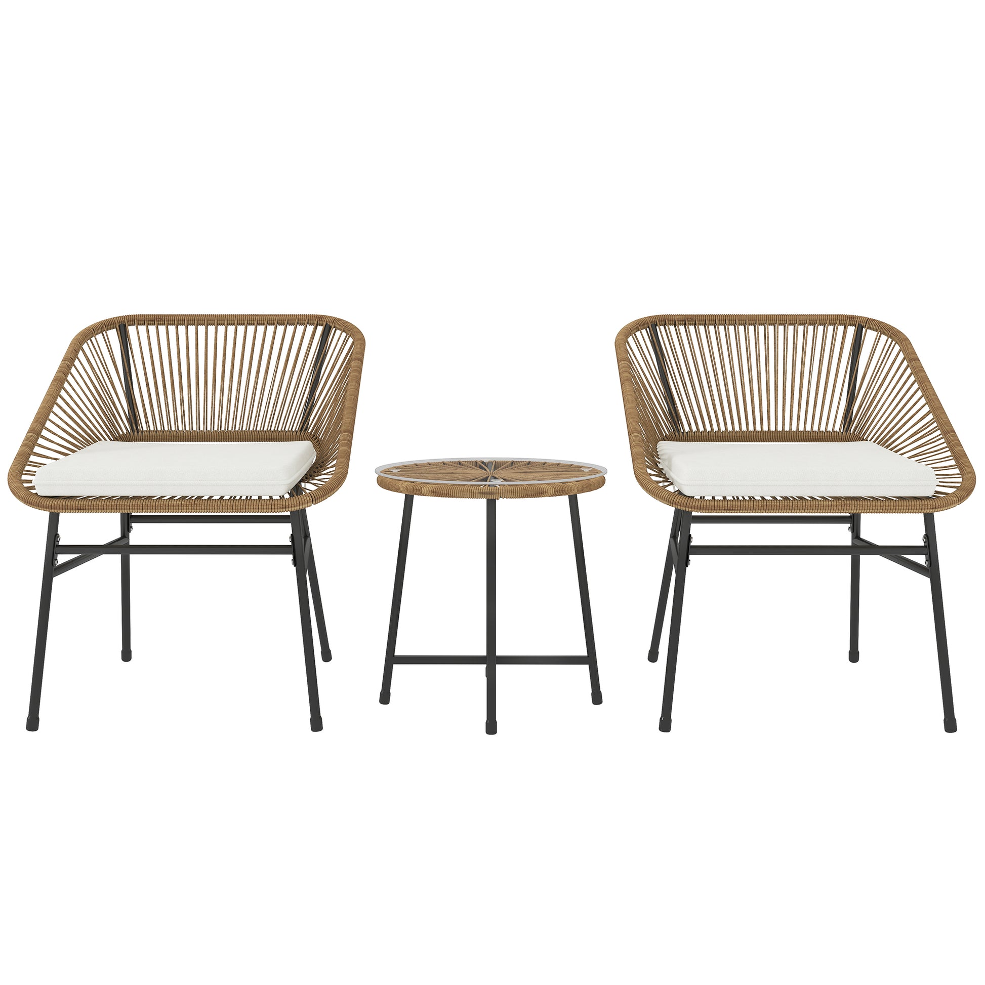 Outsunny 3 Pieces Rattan Bistro Set, Wicker Small Garden Table and Chairs Set with Cushions and Glass Top Coffee Table, Bistro Garden Furniture Set for Outdoor, Patio, Balcony, Natural