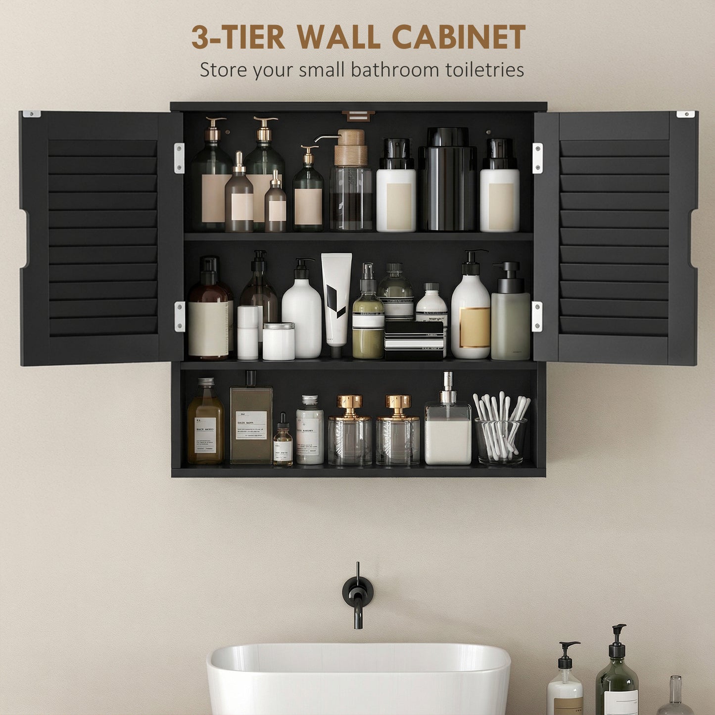 HOMCOM Bathroom Cabinet, Wall Mounted Storage Cabinet with Adjustable Shelves, 60 x 20 x 60 cm, Black